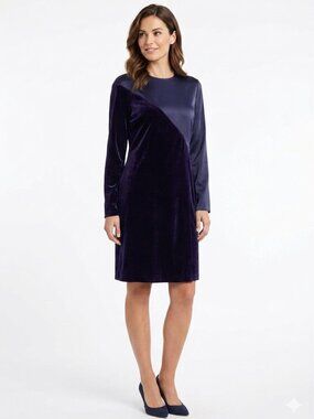 CEDRIC CHARLIER SILK BLEND NAVY SATIN VELVET COMBO LONG SLEEVE A-LINE DRESS - 8